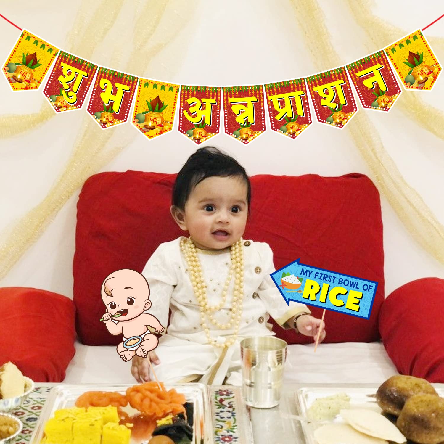 Zyozique Annaprasanam Photo Booth Props With Annaprasanam Paper Banner Hindi Font Shubh Annaprashan Yellow & Red Color Font/Rice